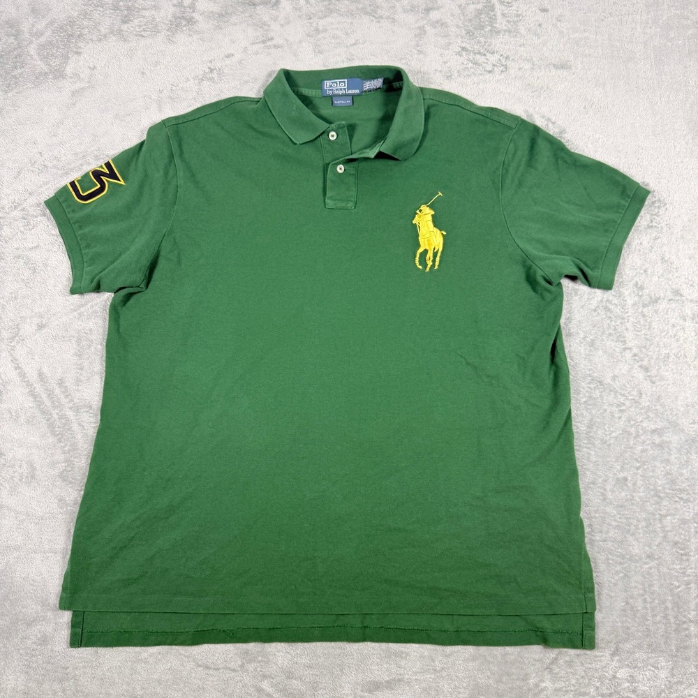 VTG Polo Ralph Lauren Mens XXL Green Rugby Polo Big Pony 3 logo Short Sleeve